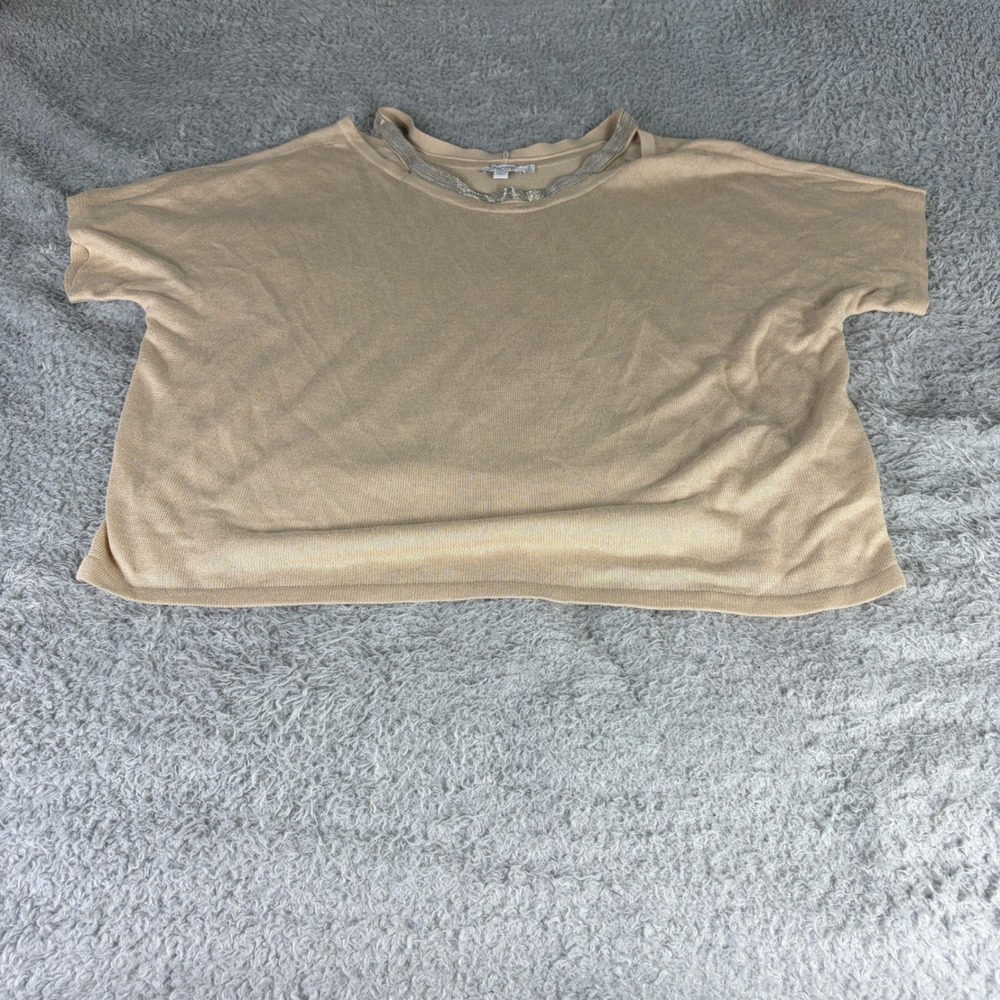 Chicos Beaded Neckline Knit Top Tan Beige Short Sleeve Rayon Blend Size 3 XL